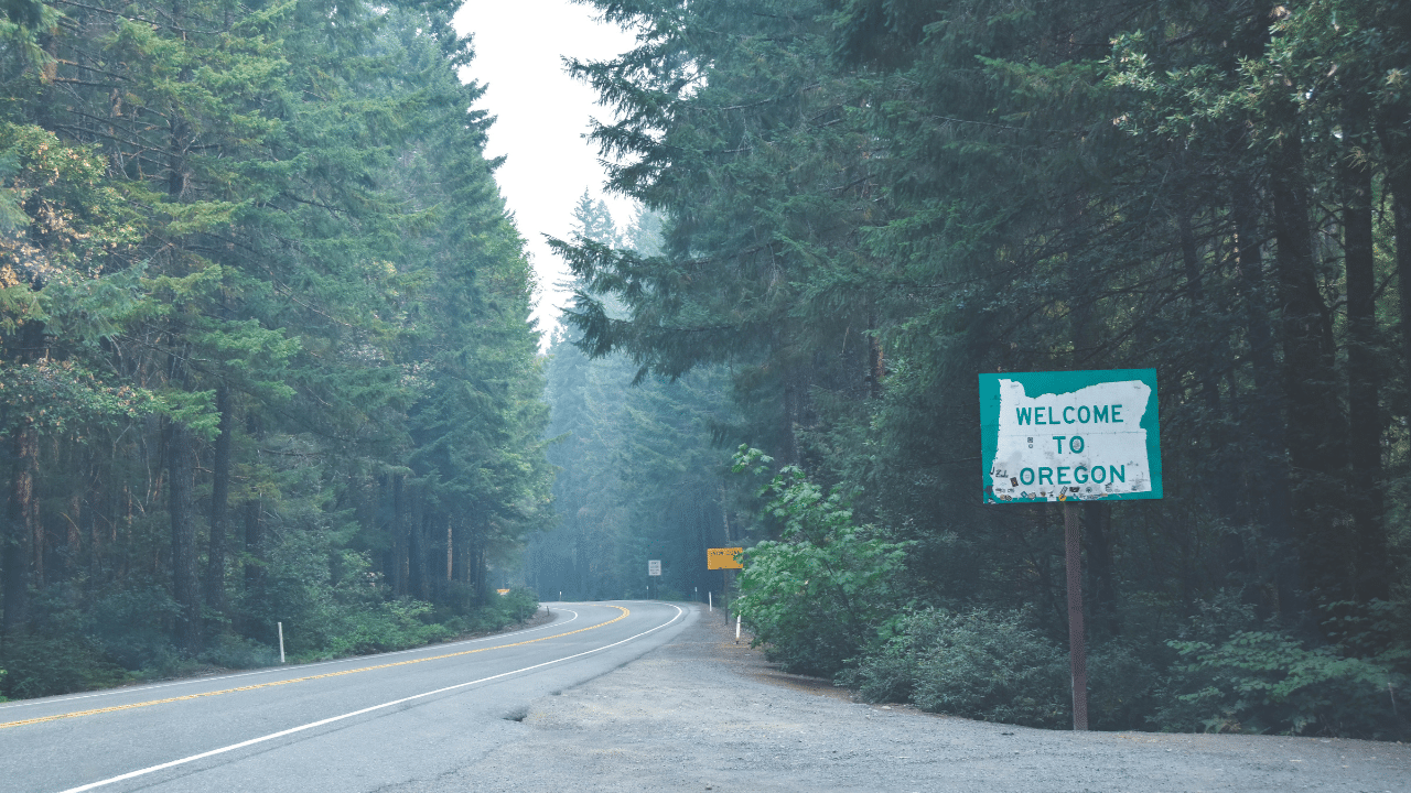 A road lined with trees adorned in beautiful Pear Blossom flowers and a sign that says welcome to Oregon.