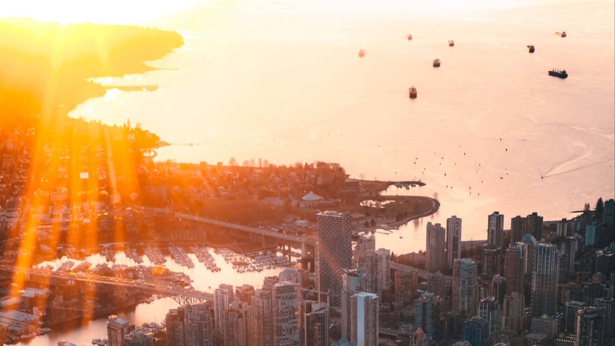 An aerial view of Vancouver at sunset.