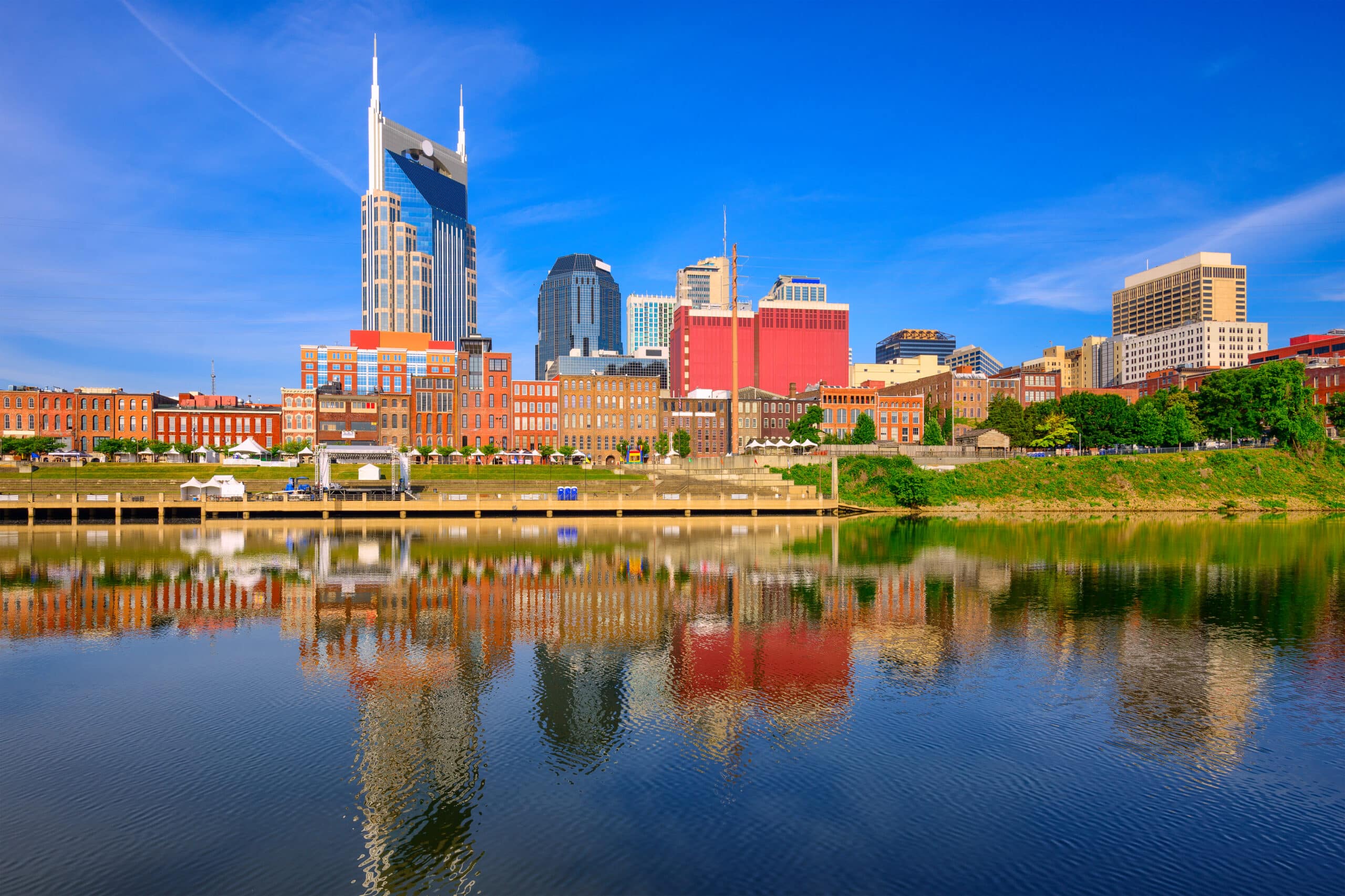 Nashville skyline reflected in a body of water.