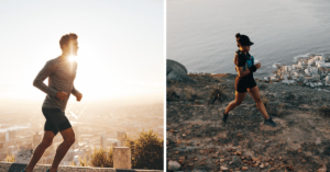 Man running in the morning and a woman running in the evening. Both runners are running on a hill.