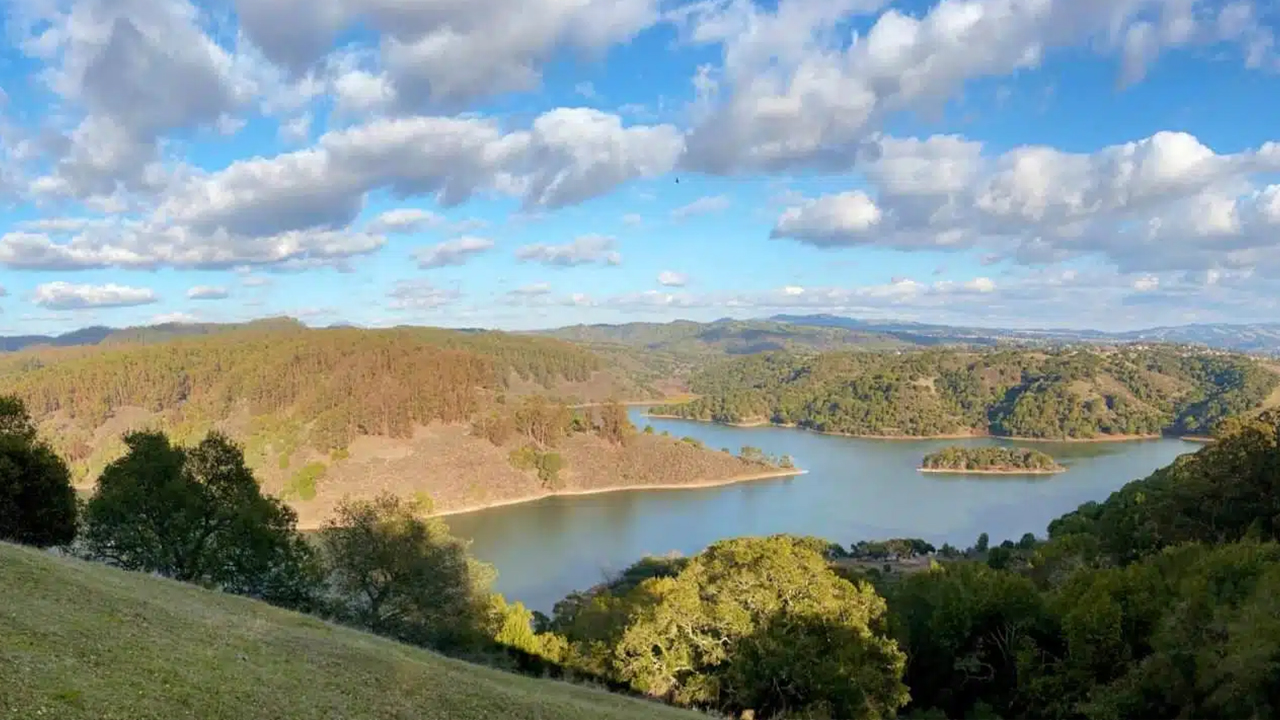 A picturesque view of Lake Chabot surrounded by hills and trees, perfect for trail races.