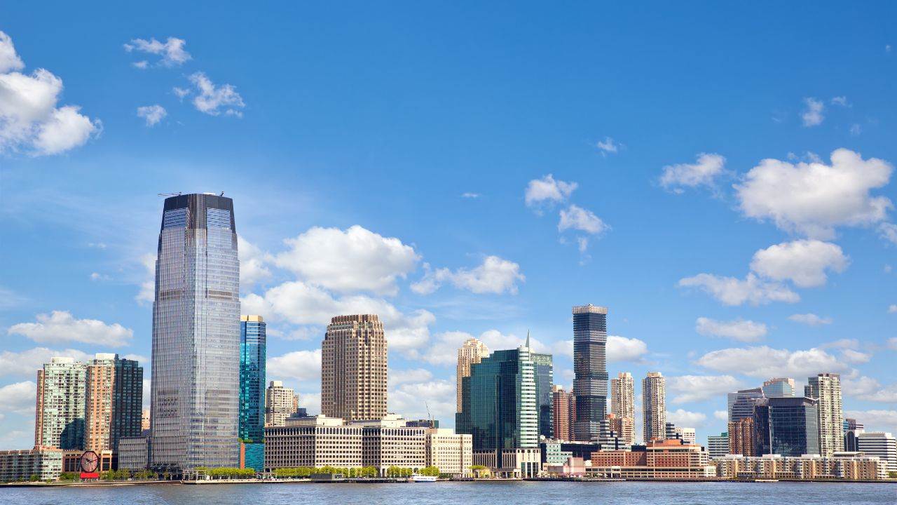 The skyline of Jersey City on a sunny day before the Half Marathon.