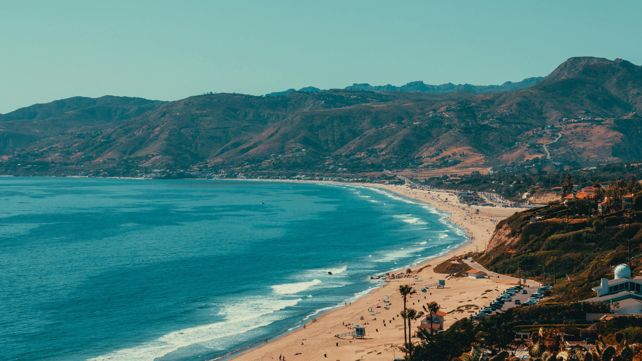 View of the mountains and ocean in Malibu, California