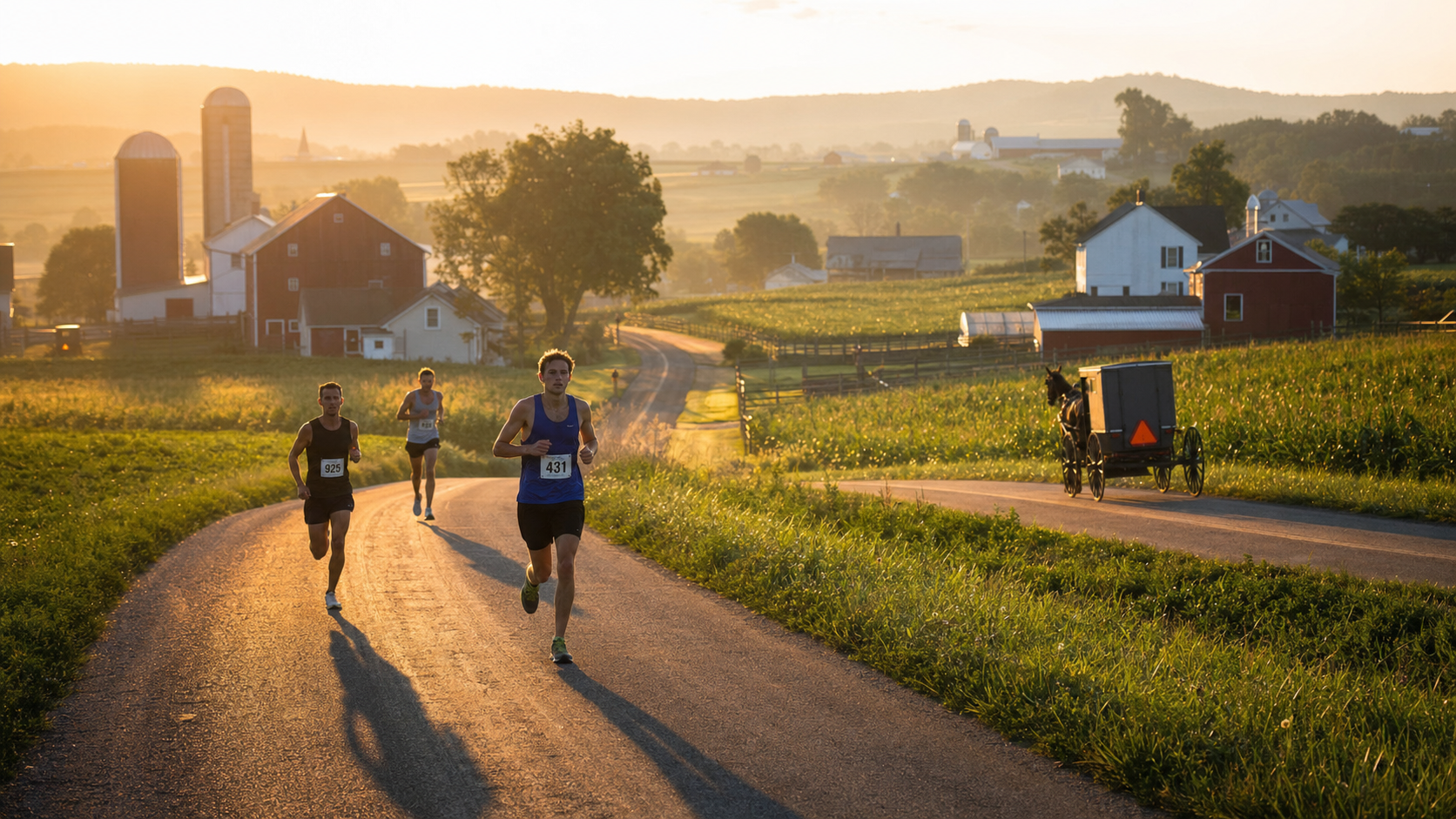 Runners race along a sunlit rural road with barns, fields, and a horse-drawn cart nearby at sunset/dawn.
