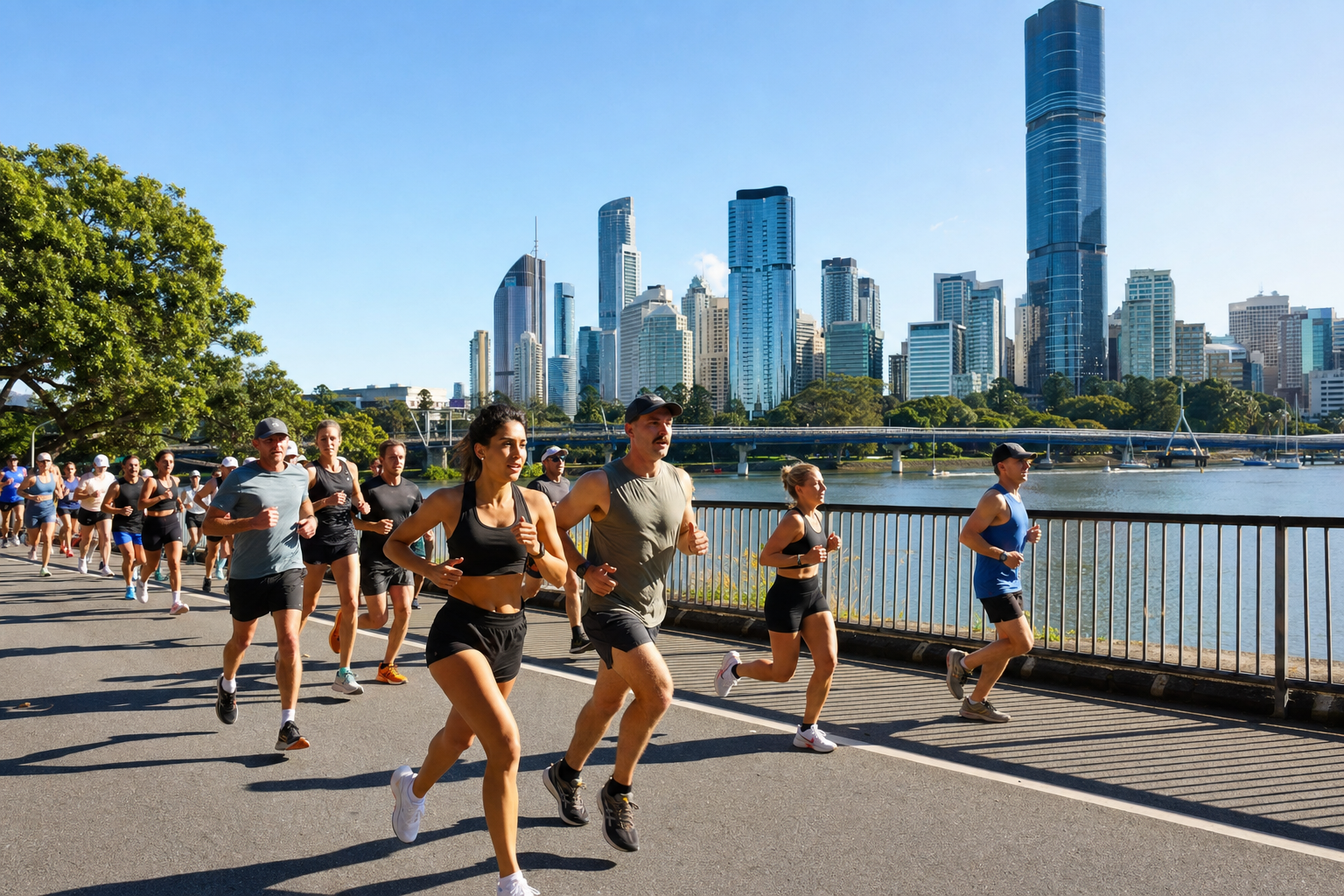 Group of runners jogging along a riverfront in a sunny city, with skyscrapers in the background.