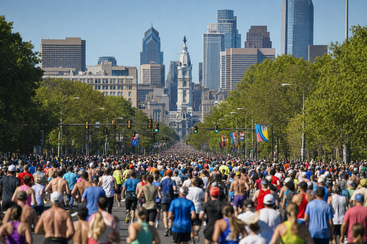 Massive crowd of runners fills a wide city street during a marathon, with green trees on both sides and a tall historic clock tower in the distance under a blue sky.