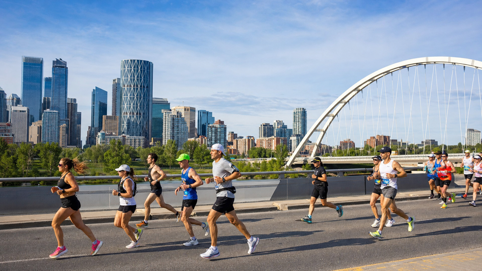 Runners in athletic gear sprint along a bridge with a modern city skyline in the background on a sunny day.