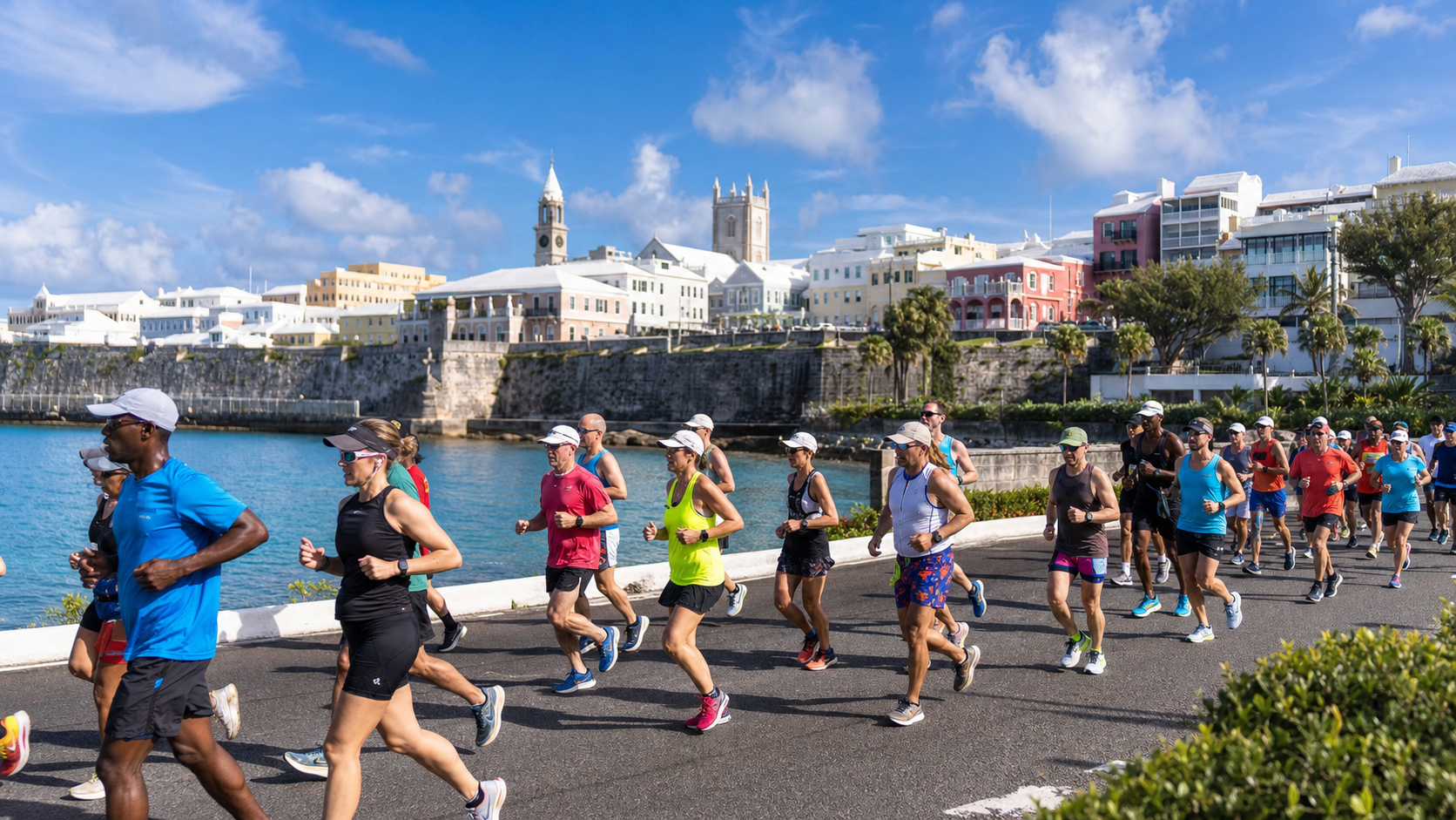 Group of runners in colorful athletic wear jogging along a coastal road with turquoise water and historic waterfront buildings in the background