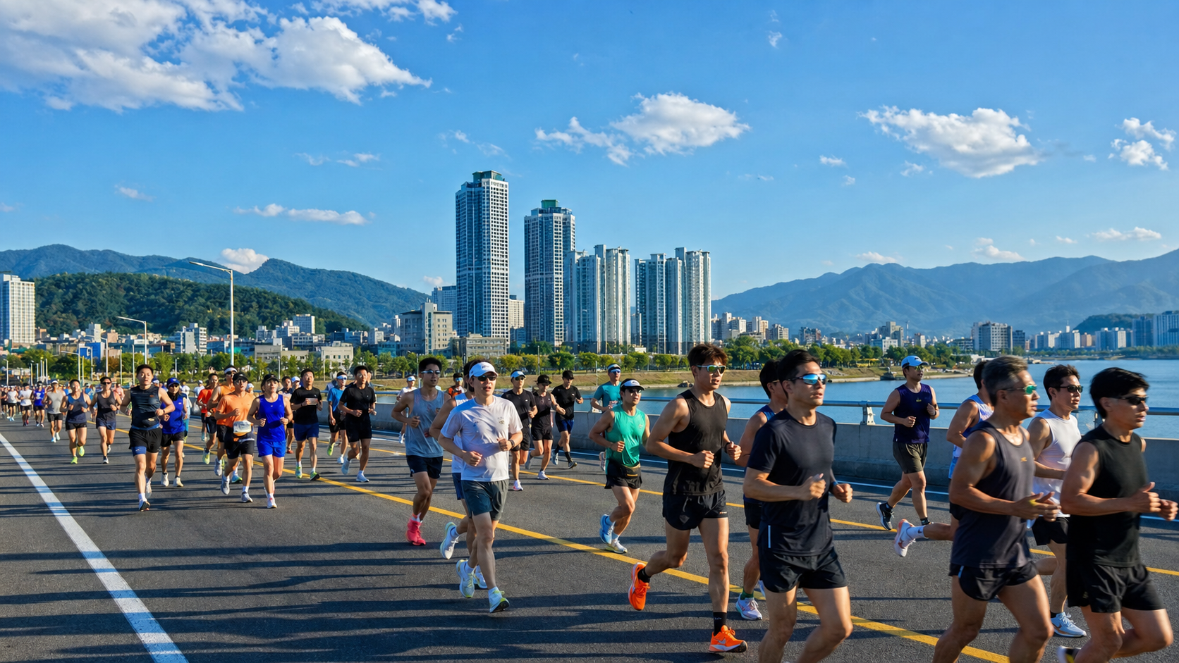 Group of runners in a road race on a city bridge with tall buildings and mountains in the background under a blue sky.