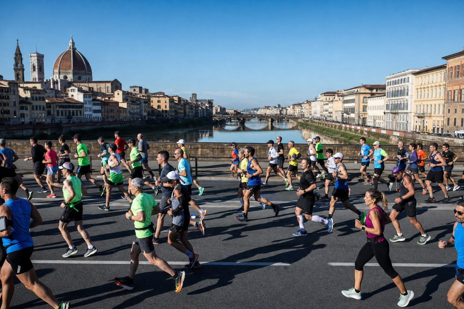 Runners participate in a city marathon along a bridge over the Arno River in Florence, with the Dome of Florence Cathedral in the background.