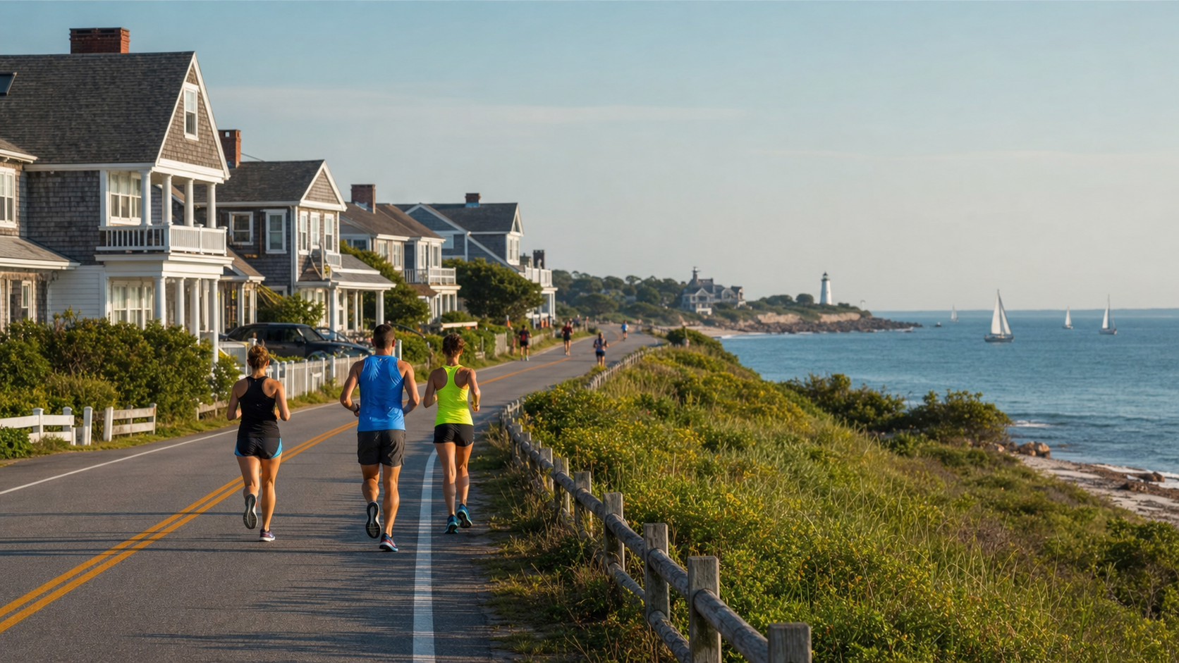 Runners jog along a seaside road beside beach houses, with the ocean, sailboats, and a distant lighthouse on the horizon.”