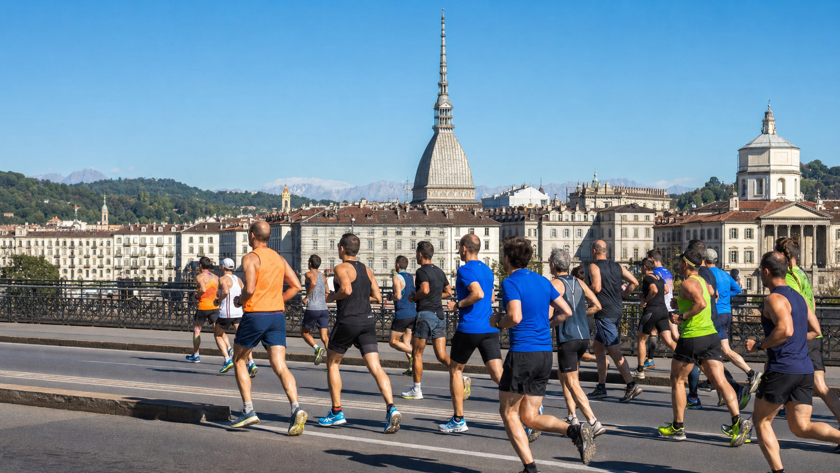 Group of runners in bright athletic gear jogging on a sunny city bridge with historic buildings and a tall spire in the background.