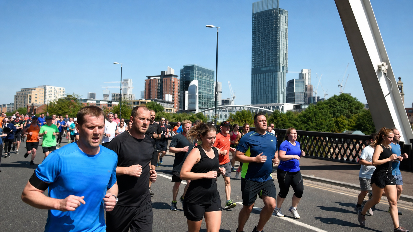 Runners on a bridge in a city during a race, skyline with tall buildings in the background on a sunny day