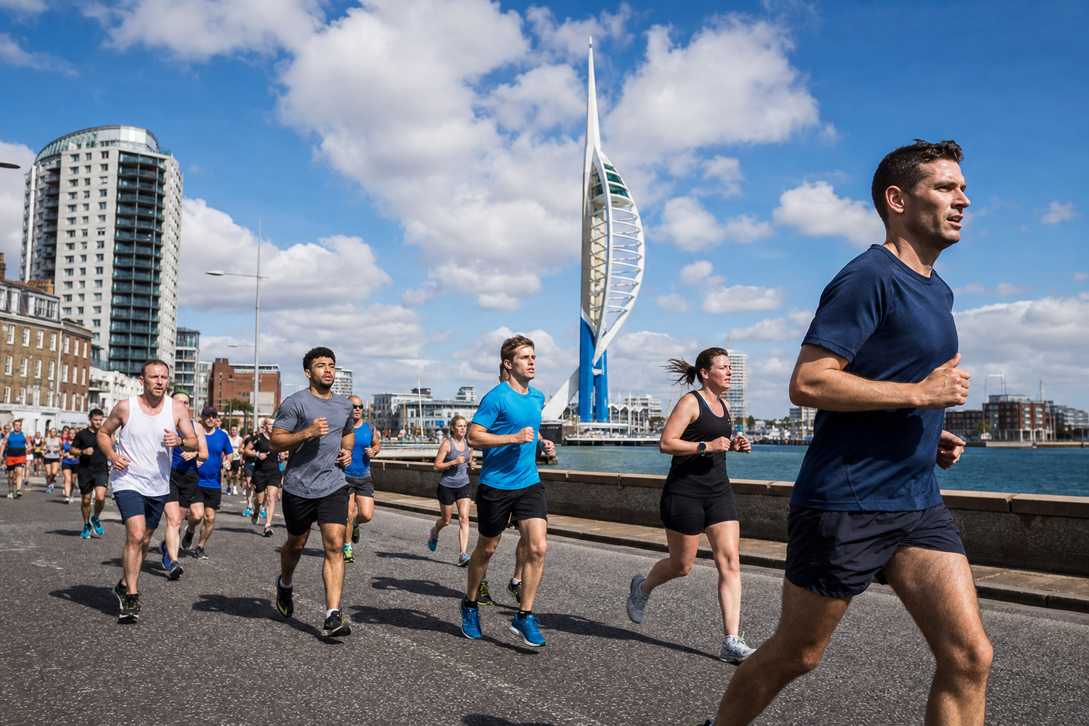 Group of runners participating in a coastal road race along a harbor promenade with blue sky and water in the background.