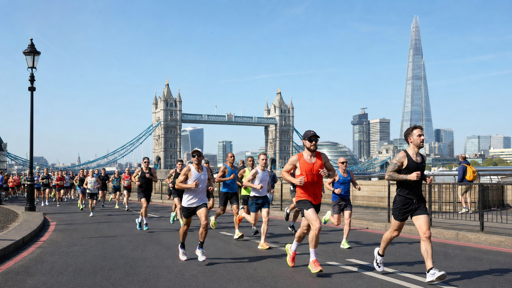 Runners participate in a city marathon on a sunny day with Tower Bridge and The Shard in the background.