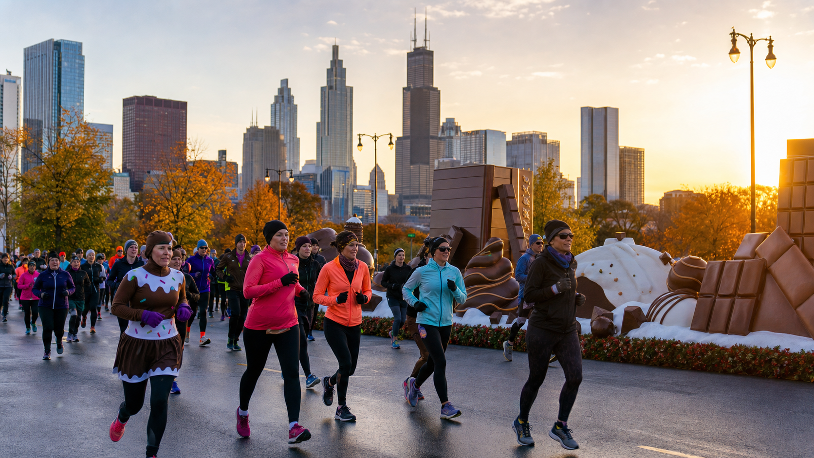 Runners in colorful athletic outfits participate in a race along a city street with autumn trees and a chocolate-themed sculpture display in the background.
