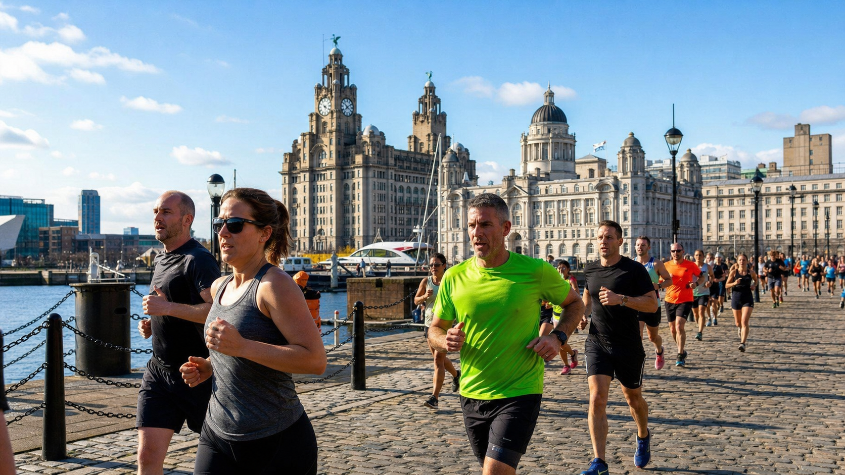 Runners jog along a cobblestone waterfront, with historic riverfront buildings in the background across the water.