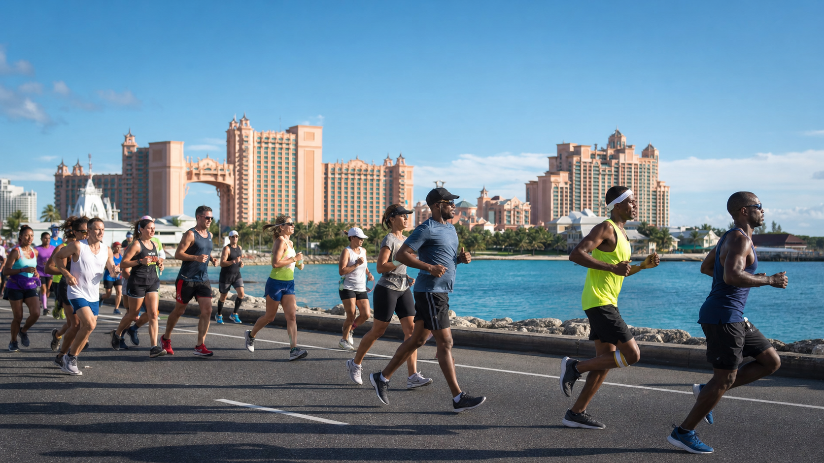 Group of diverse runners jogging along a seaside road with large pink resort towers and blue water in the background.