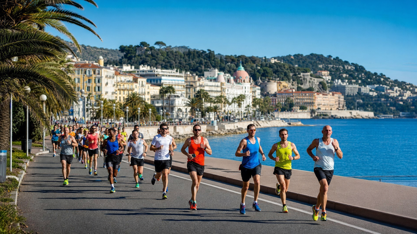 Group of runners sprint along a seaside promenade, with palm trees, colorful buildings, and a calm blue bay to the right.