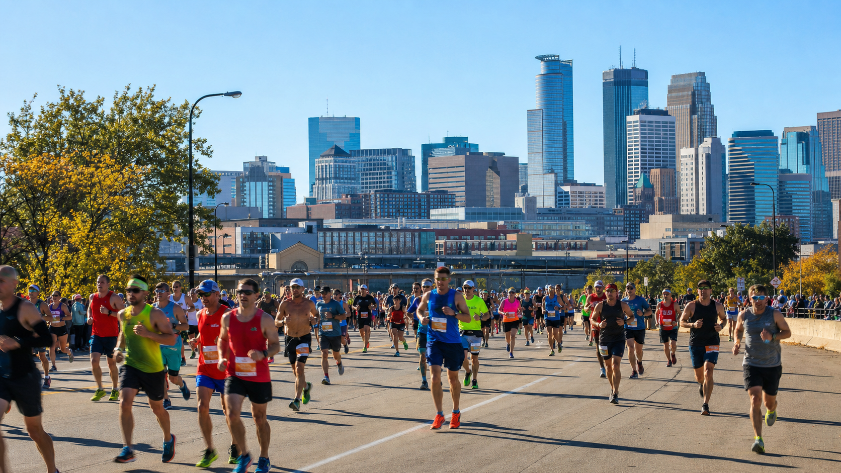 Large group of runners racing on a city street with a modern skyline in the background on a sunny day