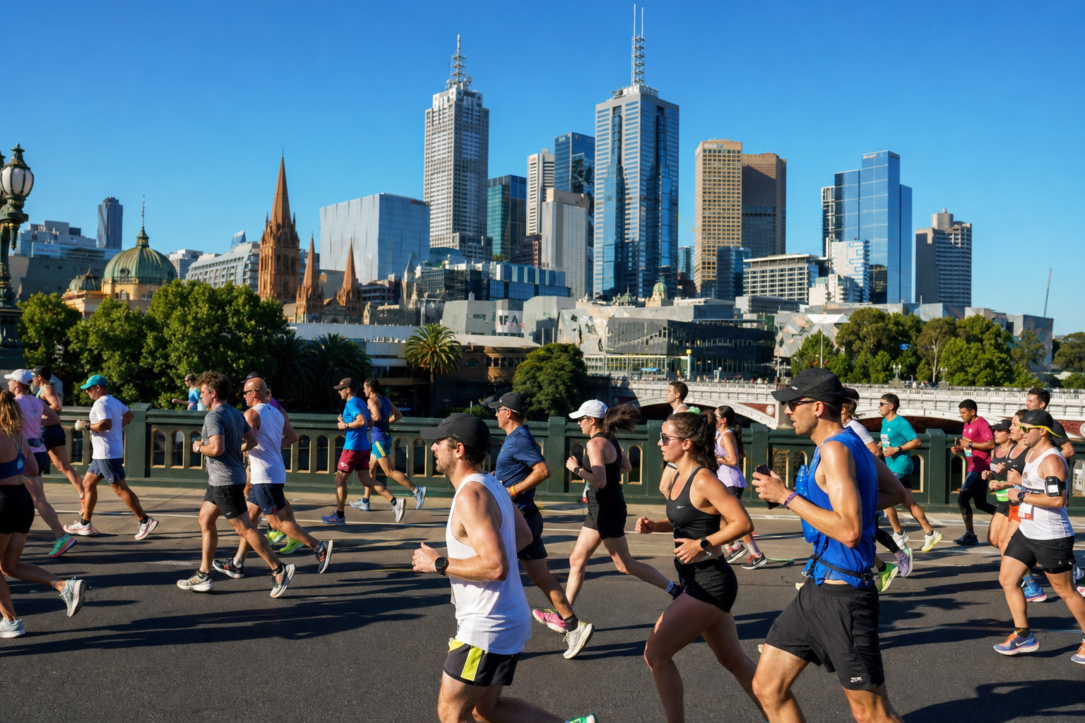 Group of runners crossing a city bridge with a modern skyline of tall buildings in the background on a sunny day.