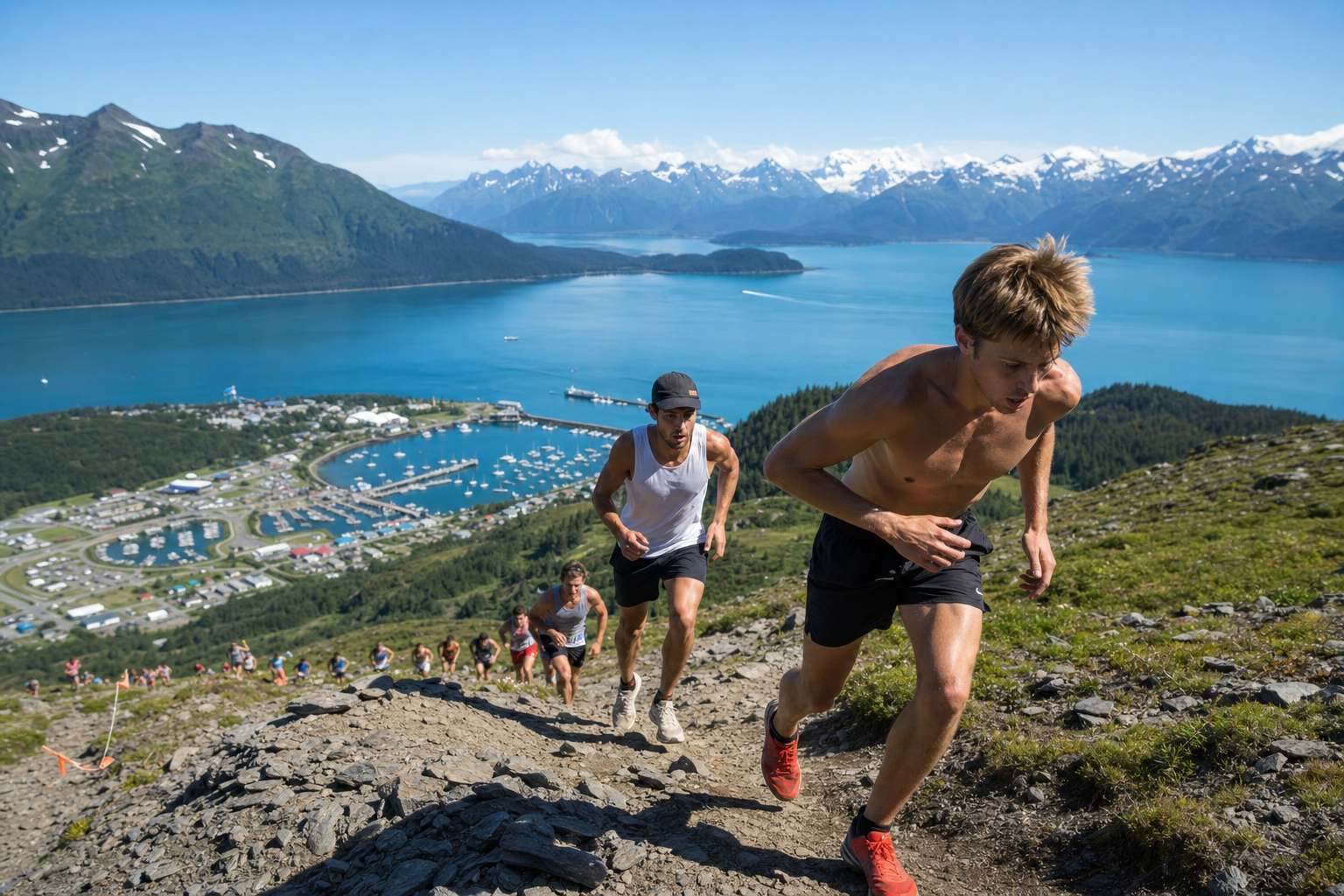 Group of runners climbing a rocky mountain trail with a coastal town and blue harbor below.