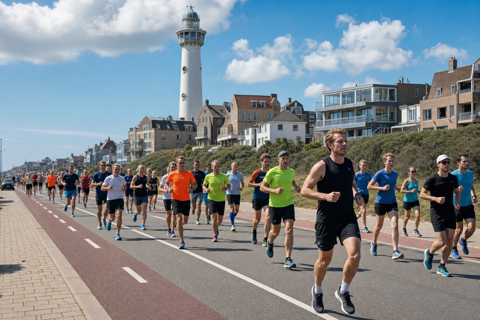 Group of runners participating in a road race along a coastal promenade, with a tall white lighthouse and seaside houses in the background.