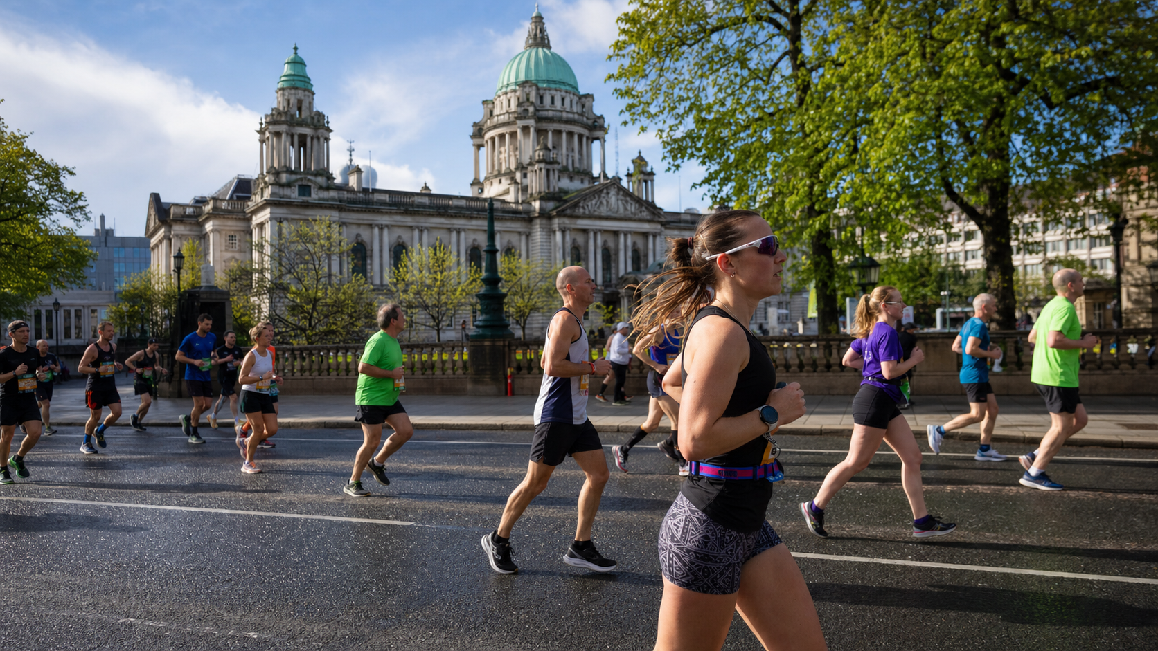 Runners participate in a city marathon on a wet street with a grand historic building and green domes in the background.