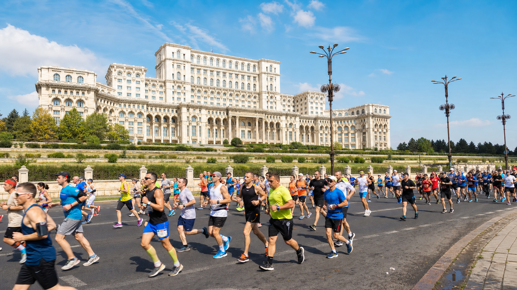 Mass of runners in a road race passing a grand white neoclassical building on a sunny day.