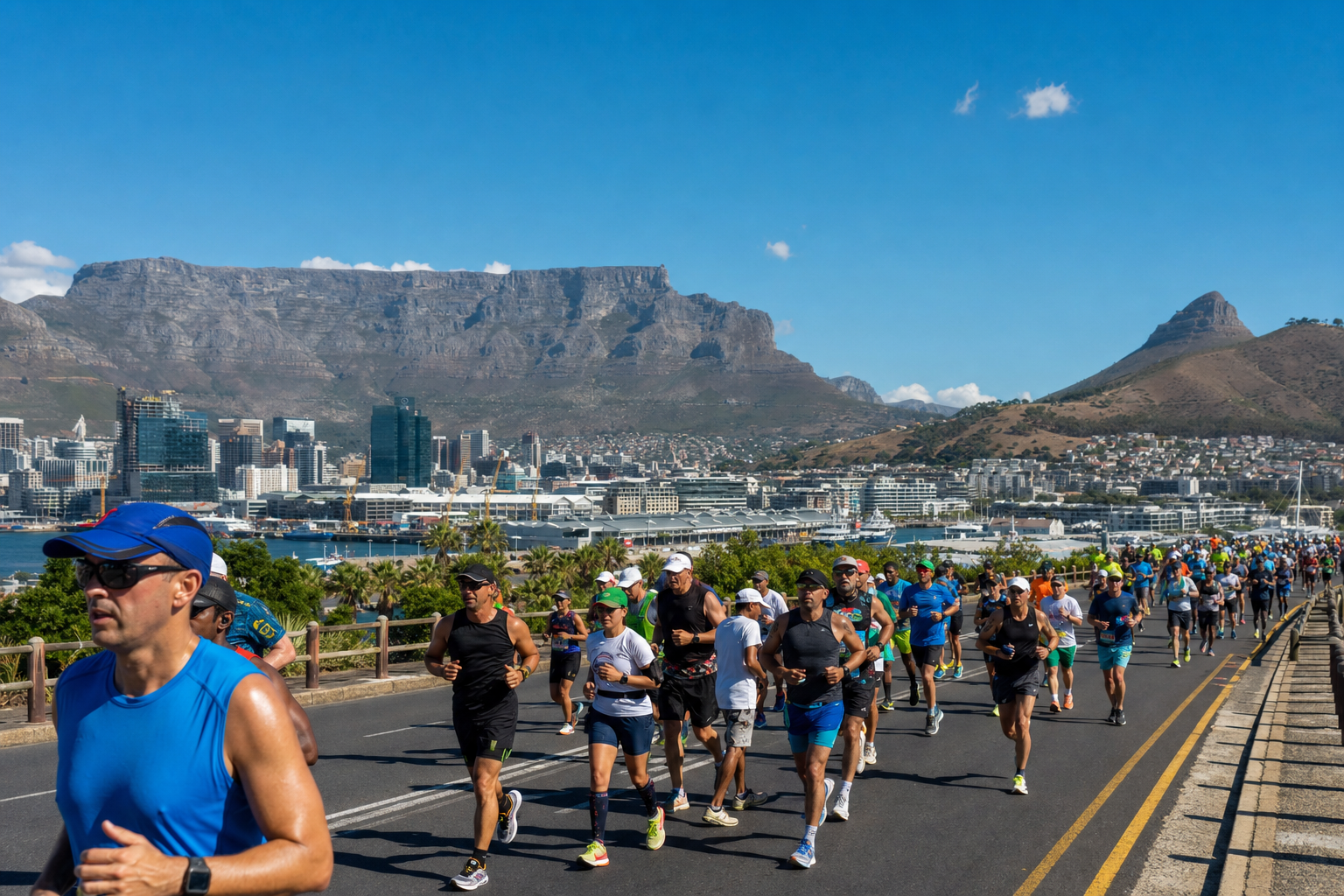 Runners in a road race along a coastal city with Table Mountain in the background.
