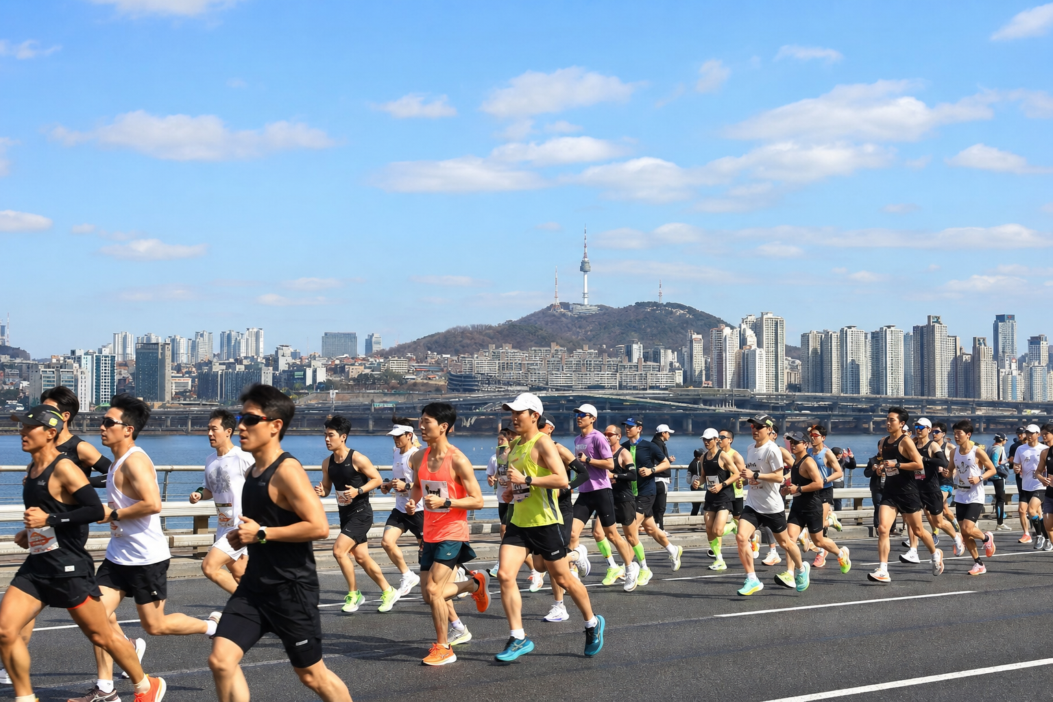 Group of runners in athletic gear sprint along a bridge with a city skyline and hills in the background under a blue, partly cloudy sky.