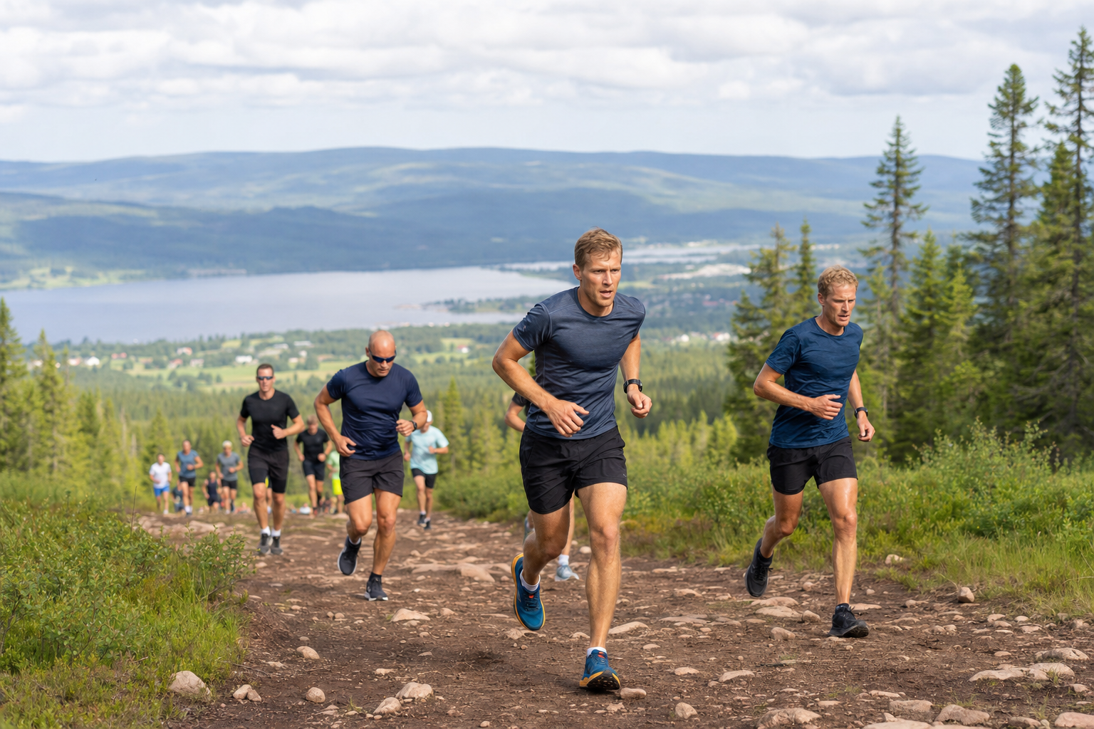 Group of runners on a rocky mountain trail, uphill, with a lake and forested valley in the distance.