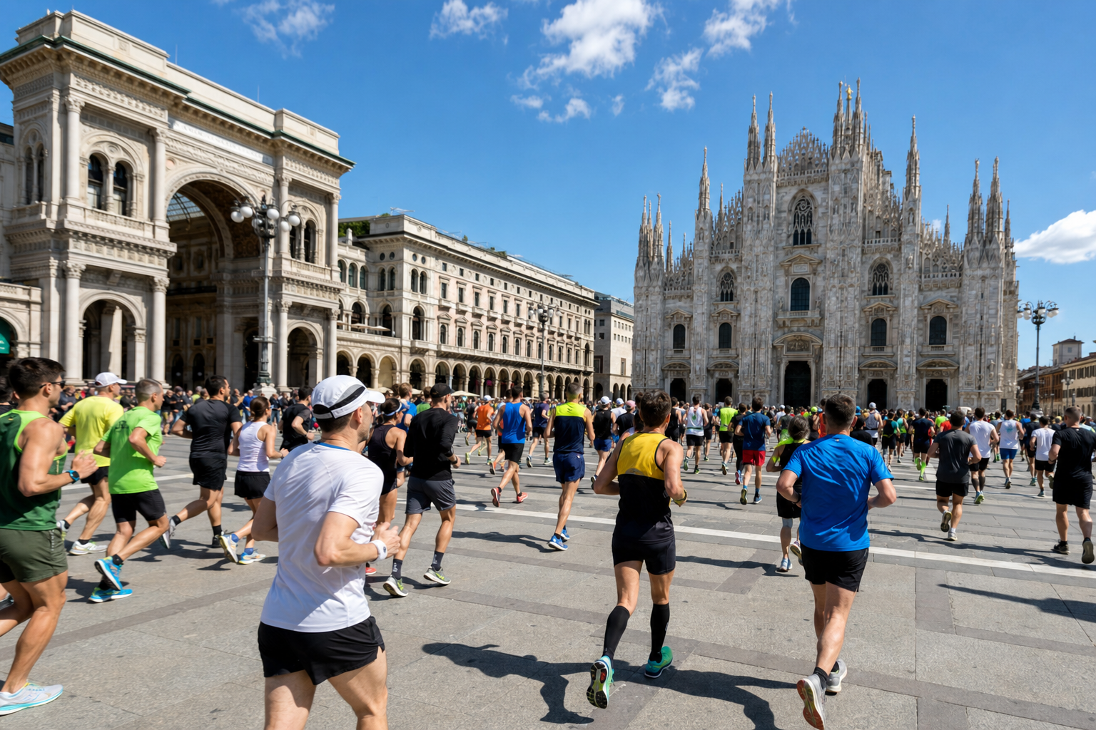 Runners participate in a daytime race through Milan's Piazza del Duomo, with the cathedral looming in the background and the Galleria Vittorio Emanuele II to the left.