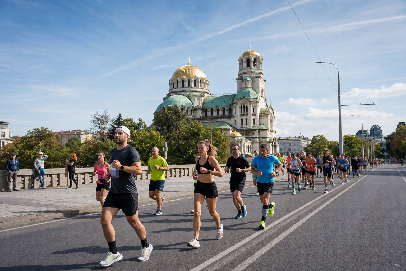 Runners participate in a road race along a city avenue with a large domed cathedral in the background.