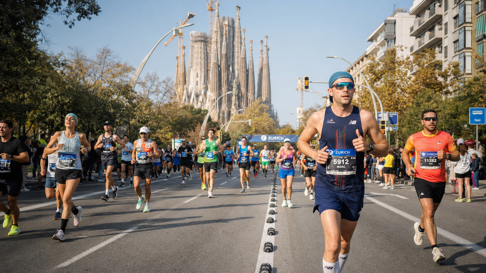 Runners compete in a city marathon on a broad avenue; the Sagrada Família looms in the background.