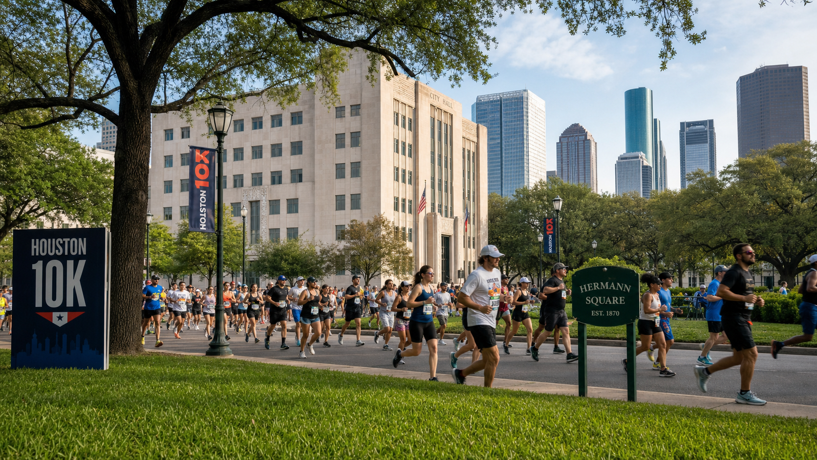 Runners participate in the Houston 10K race along a tree-lined street with City Hall and Houston skyline in the background.