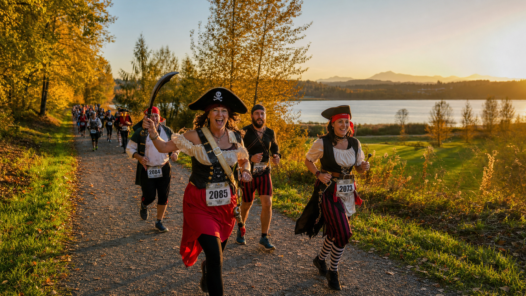 Pirate-themed runners on a leaf-strewn trail at sunset, with a lake and autumn trees in the background.