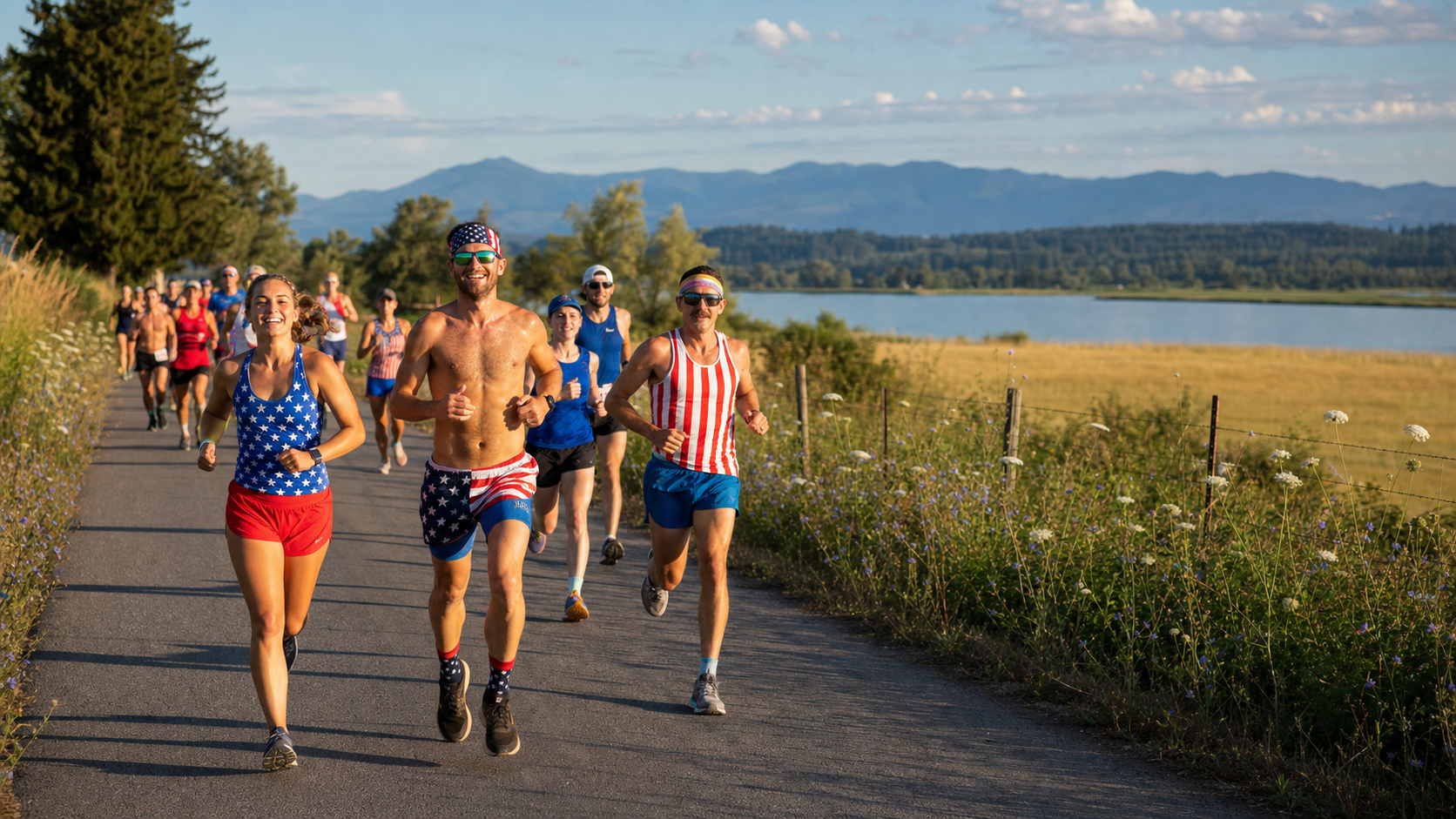 Group of runners in red, white, and blue athletic outfits jog along a rural road beside fields and a lake under a blue sky.