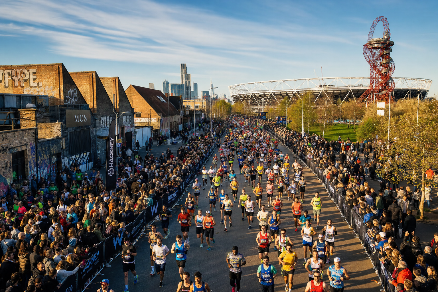 Hackney Half Marathon Runners fill a city street in a large marathon, with spectators along barriers and the ArcelorMittal Orbit sculpture in the distance.