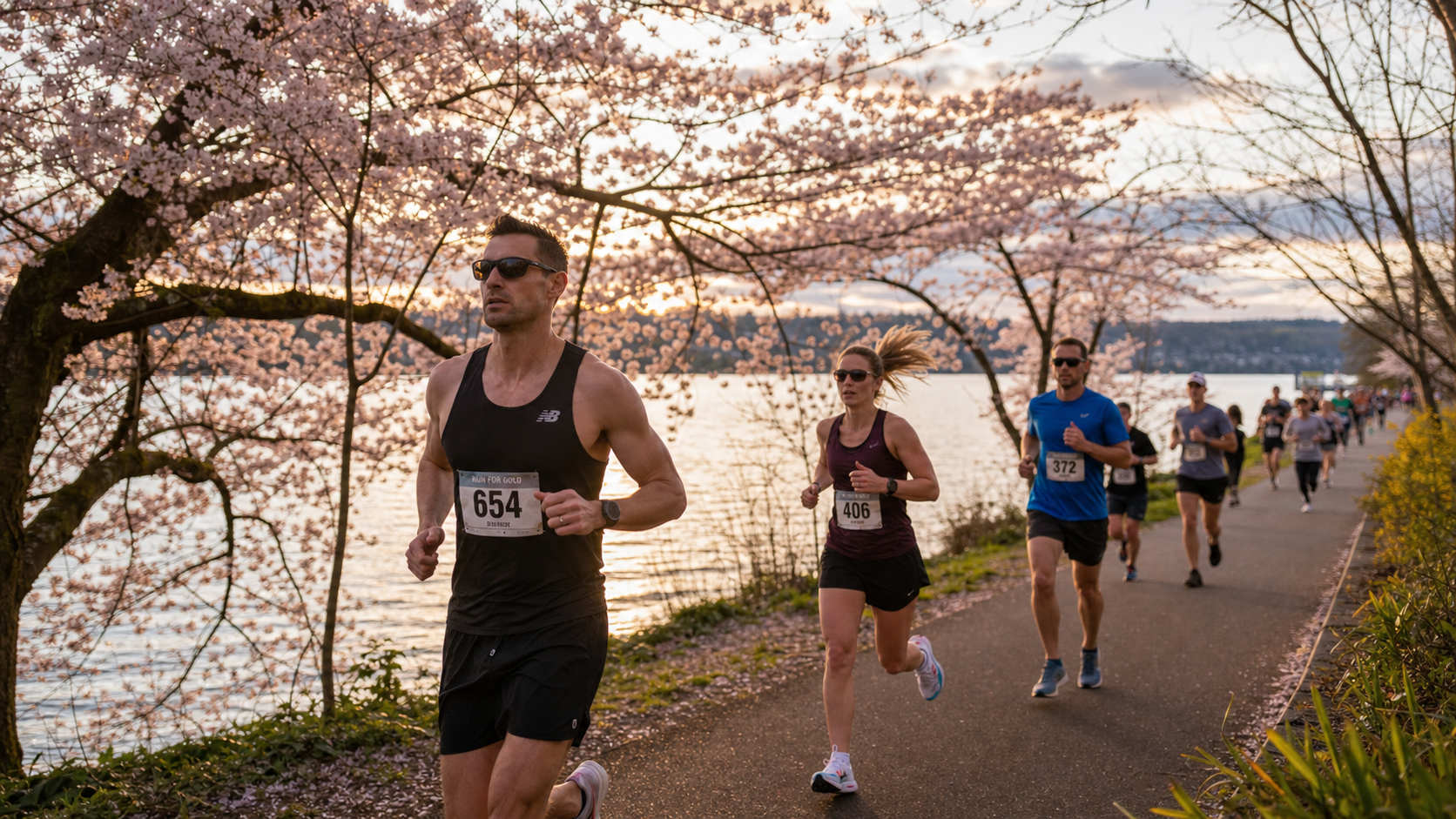 Runners compete in a spring race along a lakeside path framed by blooming cherry trees at sunset sunlit water in the background.