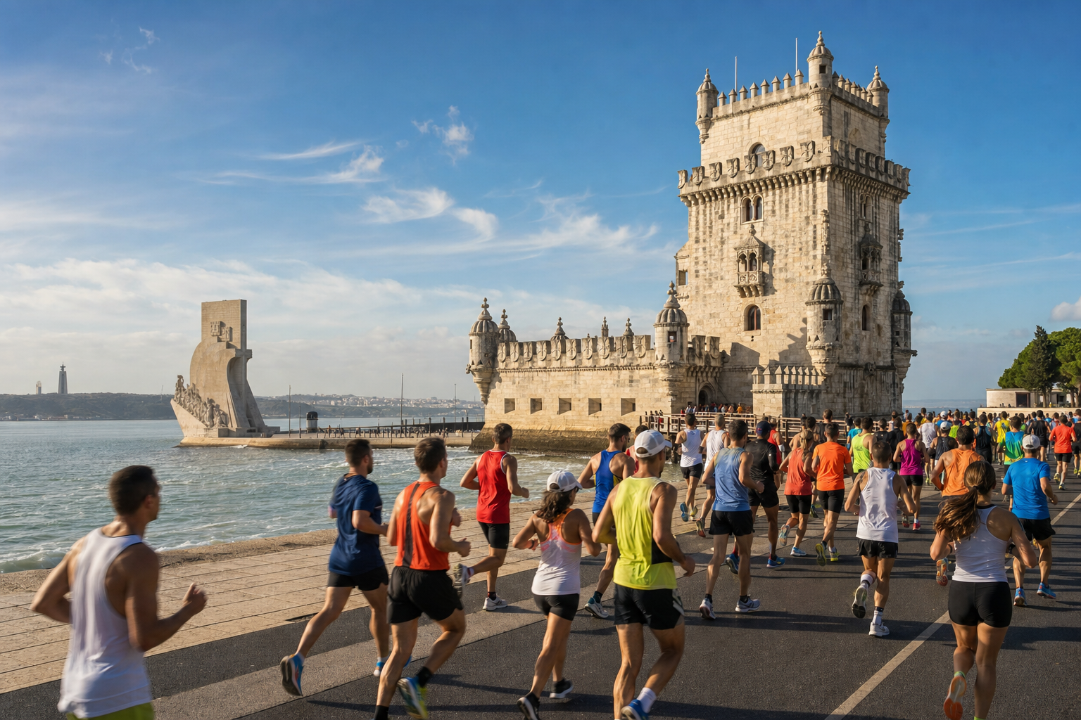 Runners in bright athletic gear run along a waterfront road beside the Belem Tower in Lisbon, Portugal.