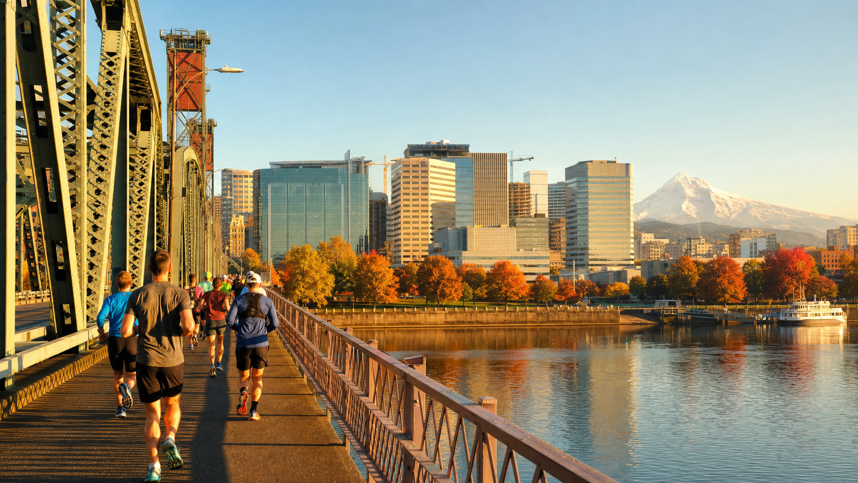 Runners in athletic gear jog along a steel bridge at sunset, with a city skyline and autumn trees across the river.