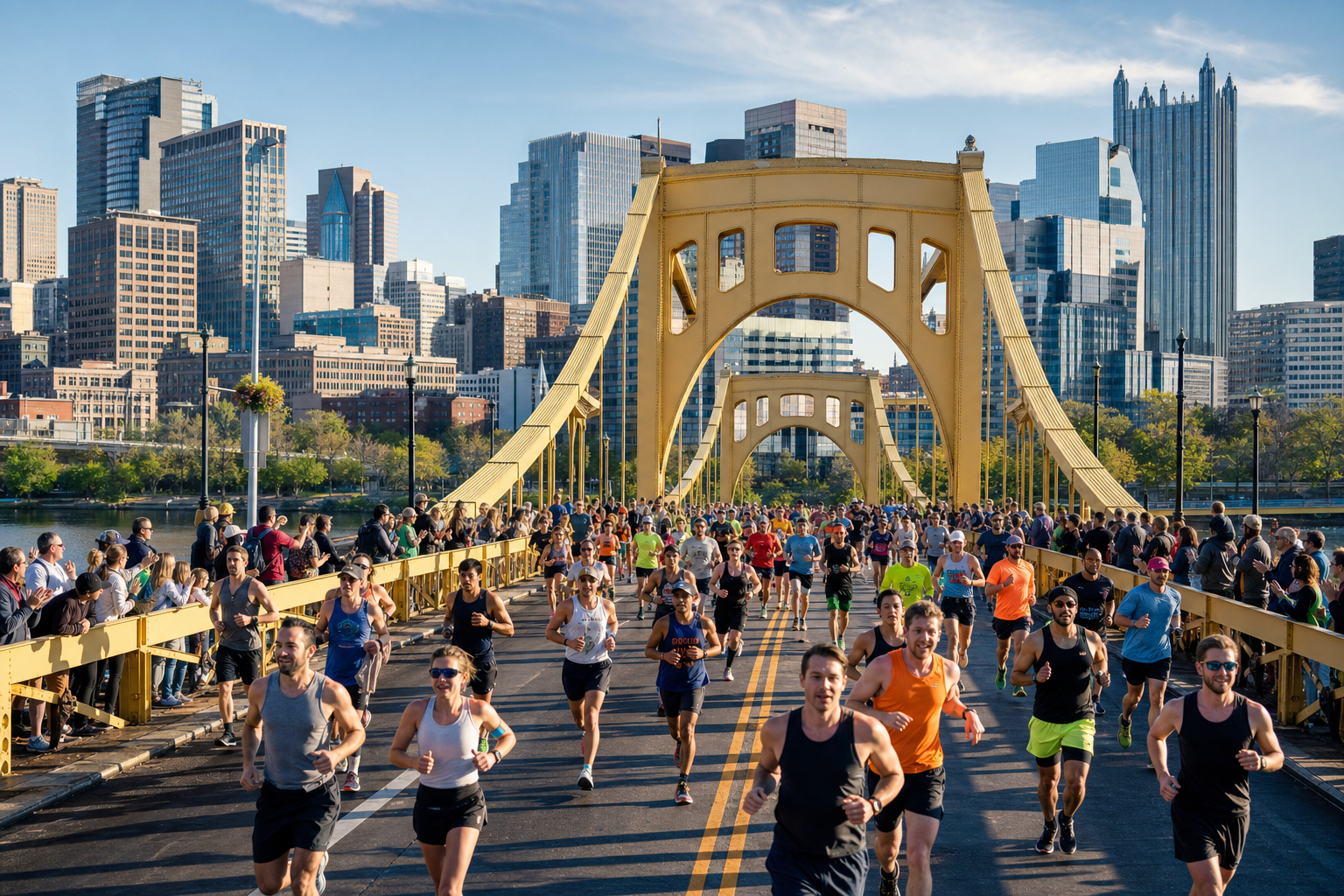 Pittsburgh Marathon Runners cross a yellow suspension bridge while spectators line the sides and a city skyline looms in the background.