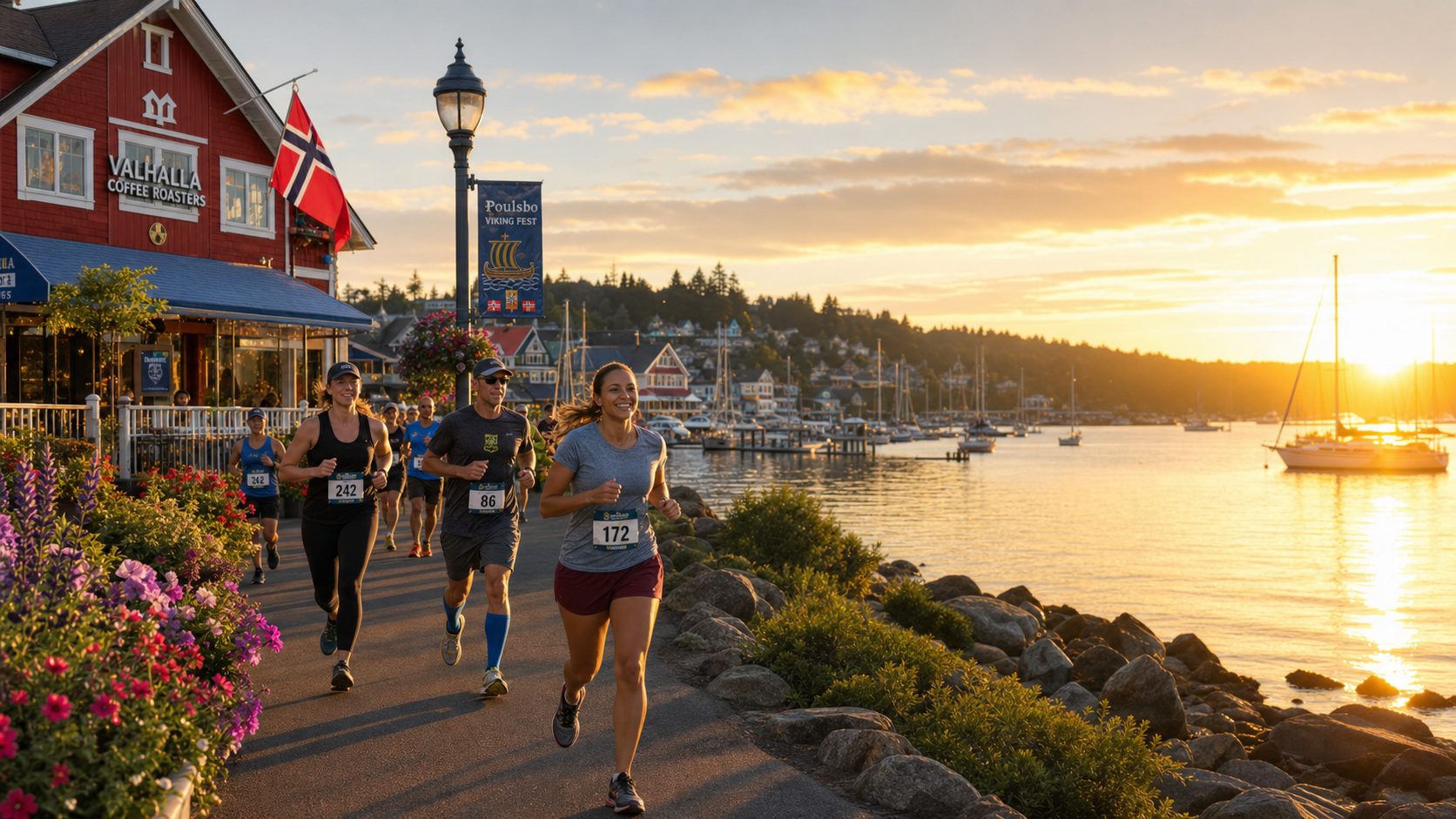 Runners jog along a harbor promenade at sunset past a red café building with a Norwegian flag and flowers in the foreground.