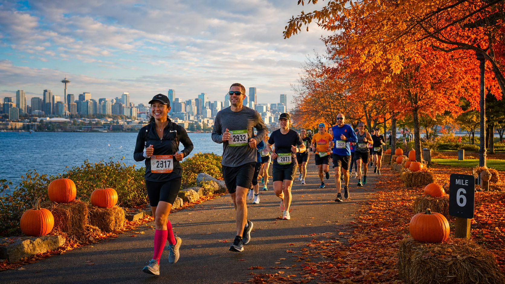 Runners in a fall race along a waterfront path with Seattle skyline, orange leaves, and pumpkins lining hay bales along the course edge.