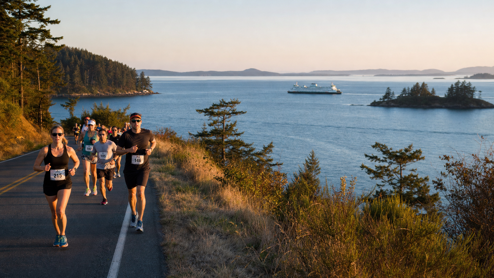 Runners in a coastal road race along a sea-side highway at sunset, with trees on the left and water on the right.