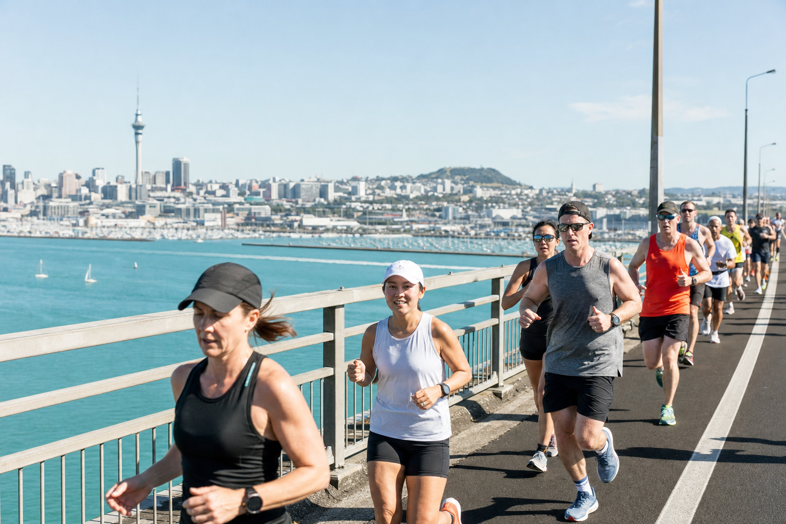 Group of runners on a waterfront boardwalk with a city skyline in the background and blue water to the left.