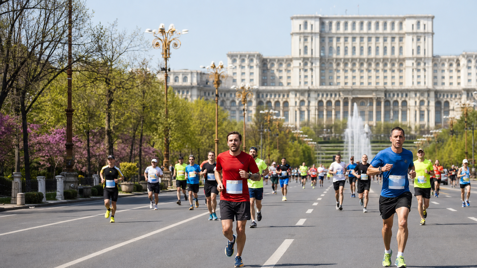 Group of runners in a street race on a wide avenue, with a grand neoclassical building and fountain in the background.