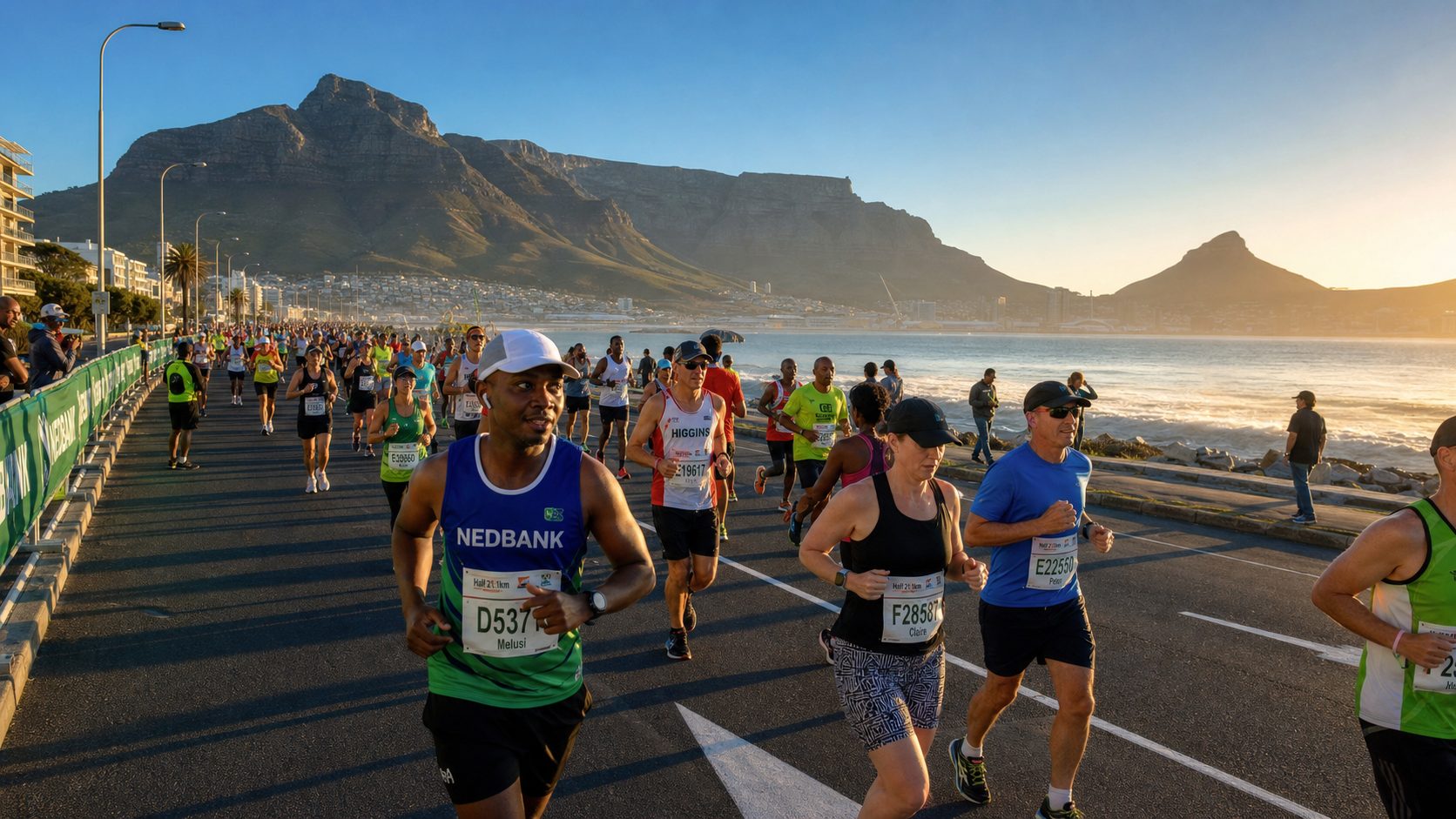 Sanlam Cape Town Marathon | What Race To Run Runners participate in a seaside marathon along a coastal road with mountains in the distance at sunset.