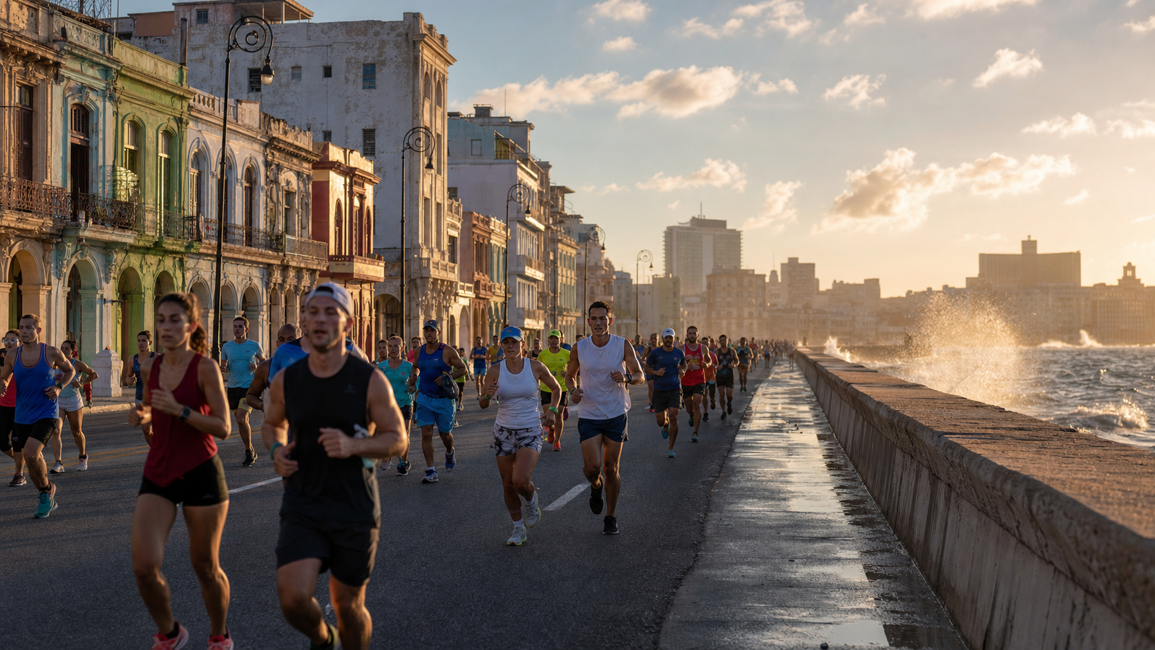 Havana Marathon | What Race To Run Runners participate in a coastal city marathon along a sunlit waterfront, pastel colonial buildings line the left side.